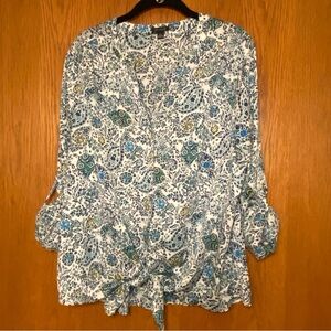 Ann Taylor Paisley Floral Blouse Size XL with Tie-front Roll Tab Sleeves…